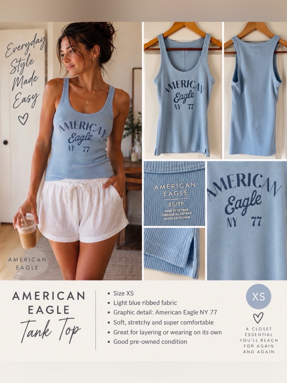 American Eagle Outfitters Pale Blue Ribbed Logo Scoop Tank NWOT